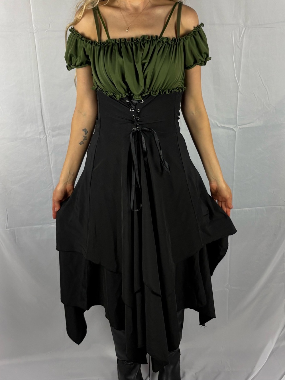 Whimsigoth festival lace up corsetry dress fairycore Octoberfest Green black S